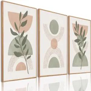 브우드케 보호 벽 아트 액자 추상 녹색 식물 중립 캔버스 장식 대형 미드 센추리 그림 세트 3 모던