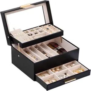 롤라렛 주얼리 박스 귀걸이용 서랍이 있는 클리어 윈도우 정리함 팔찌 목걸이 반지 여성용 보관함 블랙 3겹