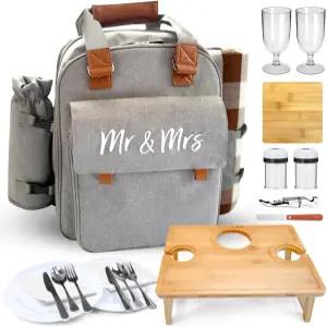 접이식 대나무 테이블을 가진 커플을 위한 단열 피크닉 백팩 - 방수 담요 와인 잔 홀더 스테인리스 스틸