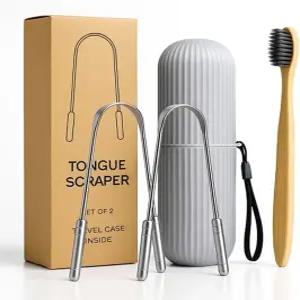 혀 스크레이퍼 세트 - 대나무 칫솔과 및 여행 케이스가 포함된 클리너 키트 남녀용 일일 구강 위생 도구