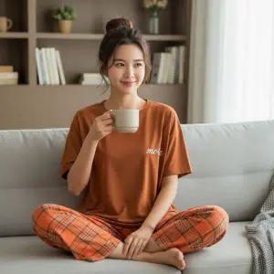 여성 여자 포인트 레터링 체크 패턴 반팔 티셔츠 긴바지 파자마 잠옷 홈웨어 상하의 세트 데일리 캐주얼