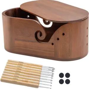 코바늘 뜨개질용 타원형 원사 그릇 대형 홀더 뚜껑이 있는 수제 및 갈고리 9개 보관 정리함