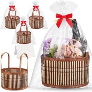 웨이샛 선물용 바구니 3세트 빈 발렌타인데이 DIY 대용량 직조 대나무 키트 손잡이 랩 백 레드 보우 포함