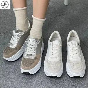 [애슬릿] 키높이 스니커즈 가죽 글리터 끈없는 밴딩 통굽 5cm