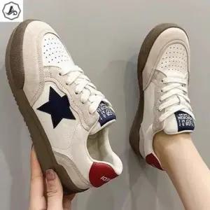 [애슬릿] 가죽 스니커즈 배색 별 레이스업 키높이 통굽 단화 4cm