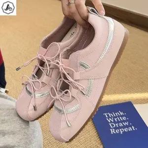 [애슬릿] 메리제인 스니커즈 실버 라인 리본 레이스업 가죽 단화