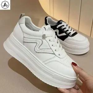 [애슬릿] 플랫폼 스니커즈 가죽 콤비 끈없는 밴딩 라인 단화 5cm