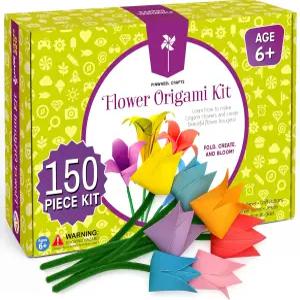 8-12세 용 바람개비 공예 꽃 오리가미 키트 다양한 색상의 접이식 종이 샤닐 줄기 단추 및 보석이 포함된
