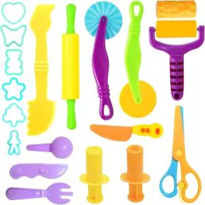 AWNOGKUE 플레이도우 도구 세트 4-8세 용 18개 클레이 커터가 있는 창의적인 액세서리 롤러 몰드 안전 가위