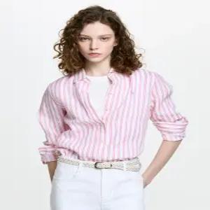 헤지스 여성 26SS [아이코닉] 레귤러핏 스트라이프 린넨 셔츠 핑크 HSSH6BC30P3