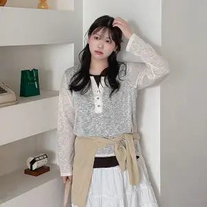 [빅사이즈]이블렛 테리플 배색 레이어드 버튼 티셔츠 제이스타일