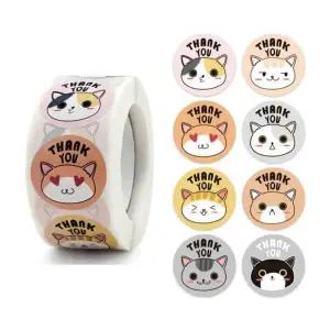 [골드스마일]8종 고양이 얼굴 원형 땡큐 스티커 500pcs 다꾸 다이어리 롤스티커