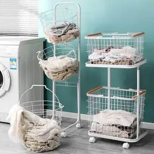 스틸 빨래바구니 이동식 세탁 트롤리 메쉬 바스켓 분리수거 철제 2단 스틸