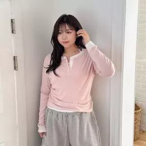 [빅사이즈]이블렛 모니덴 배색 스티치 버튼 티셔츠 제이스타일