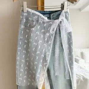 리본 시스루 랩스커트 청바지 바지 망사 레이어드