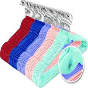 미니 후크가 달린 멀티 컬러 프리미엄 벨벳 옷걸이 50팩 미끄럼 방지 공간 절약 계단식 5가지 색상 핑크