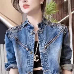 찡 비즈장식 라운드 넥 봄 가을 간절기 숏 미니 청 데님 재킷 자켓 아우터 데일리코디 LF30700캐주얼 캐쥬