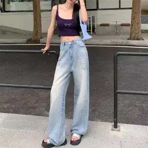 여자 와이드 핏 청바지 연청 하이웨스트 데님팬츠 여름 슬림 워싱 빈티지 일자 슬리퍼 BE2