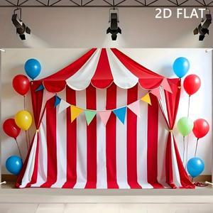 2D 평면 배너 빨간색 흰색 줄무늬 서커스 파티 배경 폴리에스터 카니발 배너 풍선 포함 축제 생일 파티 장