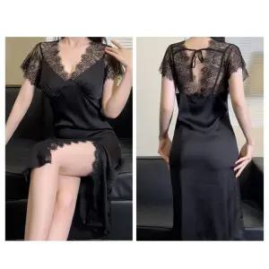 브이넥 반팔 잠옷 인기제품 롱 옆트임 슬립 트렌드 드레스 레이스 파자마 원피스