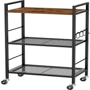 XIVIRACK 3단 금속 저장 랙 산업용 바퀴 목재 테이블 상판이 있는 메쉬 선반 유닛 조절 가능한 폭 16.9인치