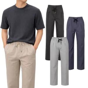 세미 와이드 남자 허리 밴딩 스판 면바지 남성 베이지 일자 팬츠 밴드 블랙