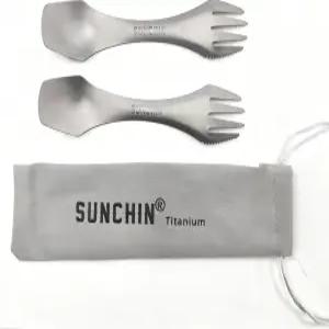 순친 티타늄 3 in 1 포크 스푼 나이프 다기능 배낭 여행용 캠핑 도구 세트 휴대용 가방 포함