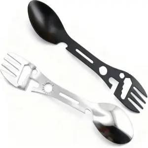 10-in-1 다기능 전술 스포크 소프트 2피스 스테인리스 캠핑 도구 세트 접이식 스푼 나이프 렌치 병따개