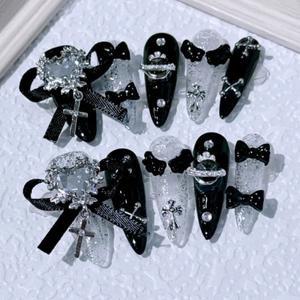 NewGoldcast 손톱에 수제 프레스 검은 나비 넥착용 가능 핑크 귀여운 긴 거짓 겨울 재사용 전체 커버 참 아