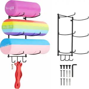 Yes4All 3단 및 5단 스틸 요가 매트 랙 정리함 벽걸이 3개의 후크 보관용 폼 롤러 홀더 걸이식 스트랩 저항