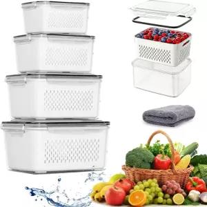 냉장고용 과일 저장 용기 4개 중 1개 탈부착 가능한 콜랜더가 있는 밀폐형 농산물 야채 및 베리용 정리함