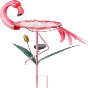태양광 조명이 있는 맘탑 플라밍고 버드 배스 금속 말뚝이 유리 버드피더 볼 야외 정원 잔디밭을 위한