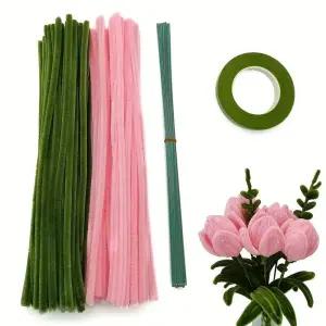 꽃철사 200 개 핑크 공예 파이프 클리너 꽃 셔닐 실 줄기 와이어 원예 테이프 결혼 휴일