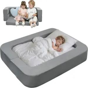 ENITYA 3in1 접이식 바닥 침대 베개 2개 세탁 가능한 커버가 있는 소프트 폼 낮잠 놀이 그레이