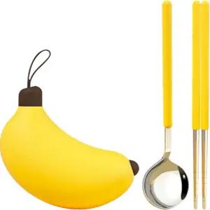 바나나 케이스가 포함된 창의적인 여행용 식기 세트 - 재사용 가능한 스테인리스 숟가락 젓가락 사무실