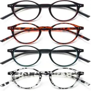 여성용 우를 위한 4팩 원형 독서 안경 남성용 블루 라이트 글래스 레트로 컴퓨터 리더기 스프링 힌지 안티