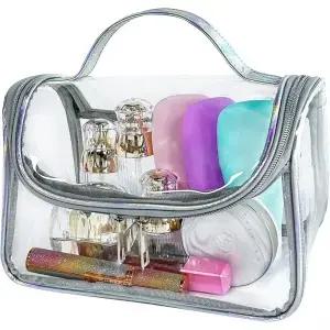 헤비 듀티 클리어 여행용 메이크업 백 9.05 x 5.9 5.51 인치 손잡이 PVC 화장품 목욕 보관 가방이 있는