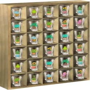 샷 유리 디스플레이 케이스 탈착식 선반이 있는 빈티지 그린 나무 벽걸이 섀도우 박스 골무 30개의 슬롯