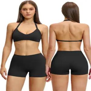 여성용 주보메 운동 세트 스파게티 스트랩 V 넥 탱크 탑 크로스오버 허리 바이커 반바지 2피스 짐 요가