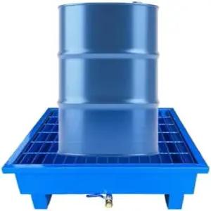 배수구와 바퀴가 있는 금속 유출 방지 플랫폼 - 로우 프로파일 산업 누출 제어 안전 설계 파란색