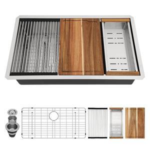 16게이지 스틸 33인치 핸드메이드 언더 워크스테이션 언더마운트 싱크 액세서리 스테인리스 싱글 카운터 33X19인치 쿠오코 키친