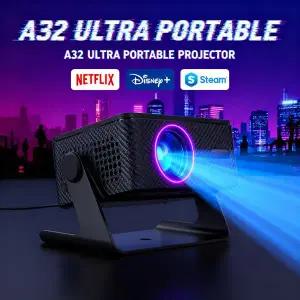 A32 미니 프로젝터 안드로이드 13 듀얼 밴드 WiFi 6 150 ANSI 720P 네이티브 1080P 디코딩 자동 키스톤 180