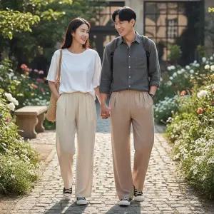 [옷자락]남자 여자 린넨룩 투턱 와이드핏 팬츠