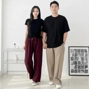 [옷자락]남자 여자 폴리 골지 핀턱 밴딩 와이드 팬츠