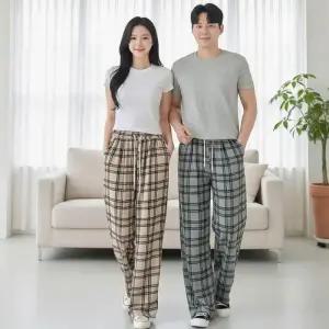 [옷자락]남자 여자 데일리 루즈핏 체크 와이드 팬츠