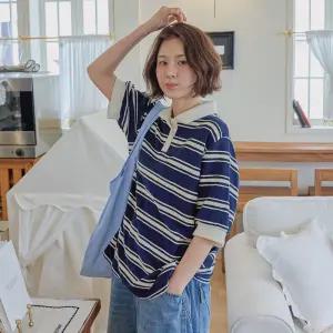 스트라이프 피케 카라 퍼프 반팔 티셔츠 루즈핏 여성 빅사이즈