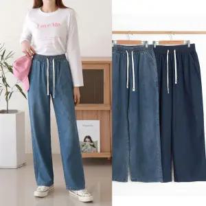 여성 와이드 통 청바지 빅사이즈 봄 여름 가을 면 스판 밴딩 데님 팬츠
