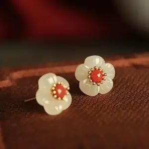백옥 화이트 아벤츄린 꽃잎 홍마노 S925 원석 이어링