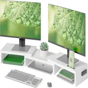 스마트폰 홀더가 있는 BONTEC 듀얼 모니터 스탠드 라이저 길이 및 회전 각도 조절 가능 PC 인체공학적 나무