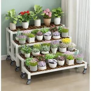 언 아트 플라워 랙 편리한 바퀴 달린 식물 스탠드 긴 다층 화분 거실 발코니